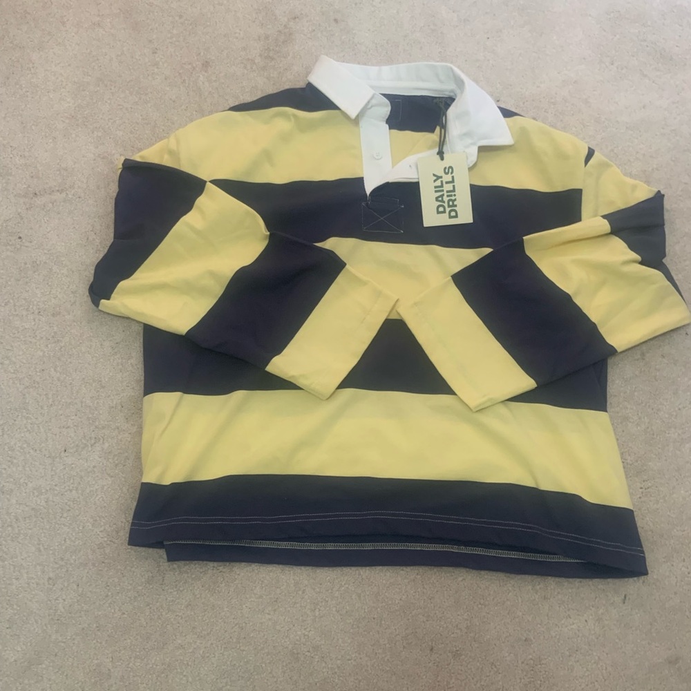 Daily Drills Butter and Navy Striped Rugby Tee with White Collar